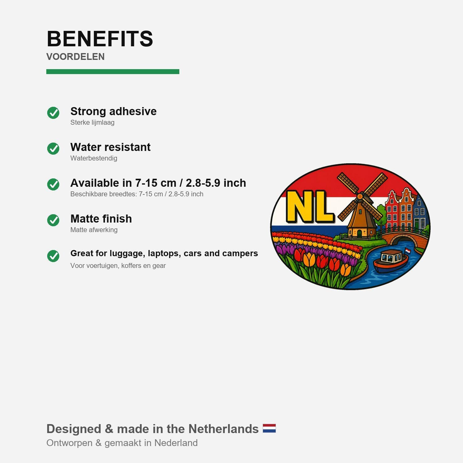 NL landcode sticker met klederdracht tulpen klompen en windmolen