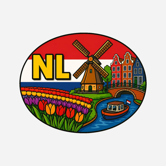 NL landcode sticker met klederdracht tulpen klompen en windmolen